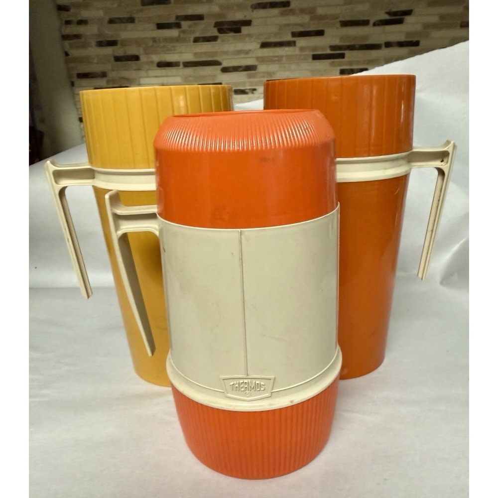 Vintage Set Of 3 Thermos Bottles Soup Hot Beverage Travel Mugs